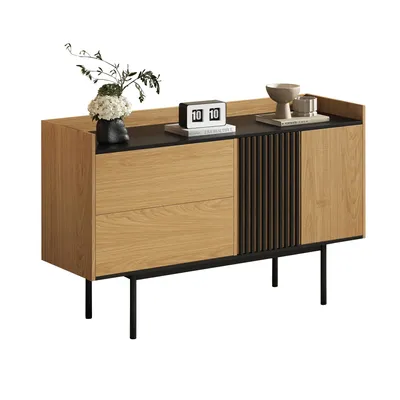 Immagine prodotto di AIORBER Moderna credenza cassettiera soggiorno sala da pranzo con 2 cassetti, ripiano regolabile, molto spazio di archiviazione, minimalista, legno naturale + nero