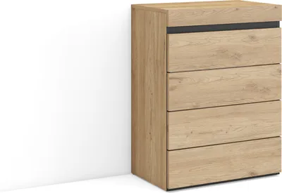 A wooden chest of drawers with a black accent strip, shown against a white background.