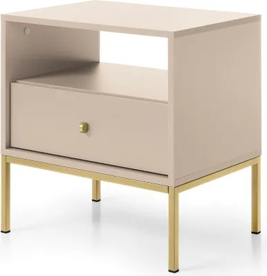 Image de Table de nuit 50 cm Monti - Table de nuit avec tiroirs, pieds métal 18 cm, poignées dorées (beige + or)