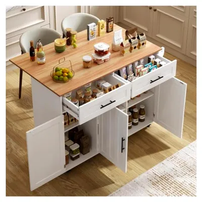Produktbild von Kücheninsel mit Klapptischplatte, Esstischwagen/Anrichte mit Schubladen und Schrank, Weiß, 129x46(71)x91,5 cm, auf 5 Rädern, für Küche, Esszimmer & Wohnzimmer