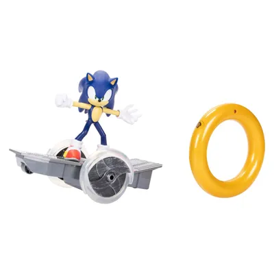Produktbild von Sonic the Hedgehog Speed RC-Fahrzeug, inkl. 15 cm (6") großer, beweglicher Sonic-Figur, RC-Skateboard und Golden-Ring-Controller für Tricks und Drehungen, Räder leuchten im Turbo-Modus, Flugzeug, 1:5, 4 Jahr(e), 535,24 g