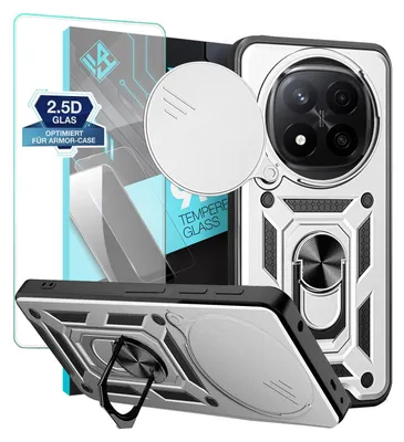 Produktbild von Armor Handyhülle für Xiaomi Redmi Note 14 Pro+ 5G  mit 9H Displayglas Displayschutz Kameraschutz Handy Panzer Case Cover Schutzhülle Outdoor Farbe: Silber