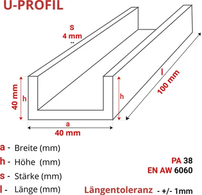 Produktbild von ALUMINIUM U-PROFIL 40x40x40x4 mm 10 cm ALUMINIUM PA38 + ZUSCHNITT NACH MASS