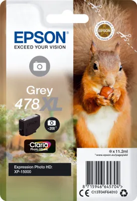 Produktbild von Epson Squirrel Singlepack Grey 478XL Claria Photo HD Ink, Hohe (XL-) Ausbeute, Grau, Tinte auf Farbstoffbasis, 11,2 ml, 1 Stück(e), 200 Seiten