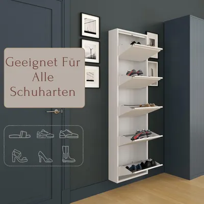 Produktbild von Furni24 Metall Schuhschrank Weiß schmal – Schuhkipper mit 5 Klappen (für 10-14 Paar Schuhe), Schuhregal für Flur & Diele, platzsparend, vormontiert