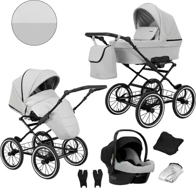 Immagine prodotto di Carrozzina Kunert Romantic 3 in 1 in ecopelle argento con seggiolino Cosmo, pneumatici e telaio nero