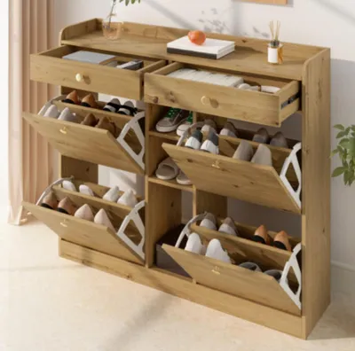 Produktbild von Schuhschrank mit 4 Klapptüren, Schuhkommode mit 2 Schubladen, 3 offenen Fächern für Flure und Eingangsbereiche,110 x 26 x 100 cm