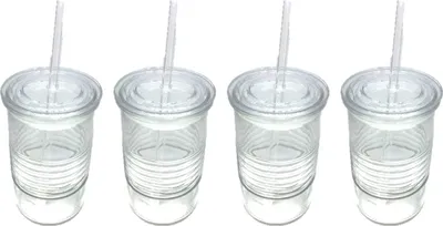 Produktbild von Glasbecher mit Deckel & Glashalm, 4er Set 440 ml, spülmaschinenfest, Trinkglas, transparent