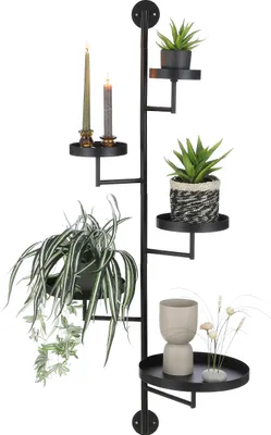 Productafbeelding van Mica Decorations Perry Wandrek Zwart - Metalen Wandrek met Vijf Ronde Plateaus voor Planten, Servies en Decoratieve Items - Industrieel Design - L36 x B30 x H120 cm