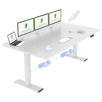 A white adjustable standing desk with three monitors, a laptop, a coffee cup, and a mouse. Blue wireframe diagrams illustrate the desk's motors and lifting mechanism.