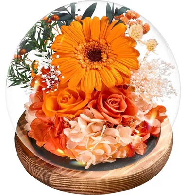 Productafbeelding van Eeuwige gerbera's en rozen in een glazen vaas met verlichting | Geconserveerde bloemen als cadeau | Geschenkdoos | Oranje | 12x12x13 cm