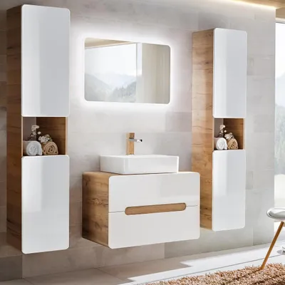 Produktbild von Badezimmermöbel Set mit Keramik-Waschbecken LUTON-56 Hochglanz weiß mit Wotan Eiche Nb.