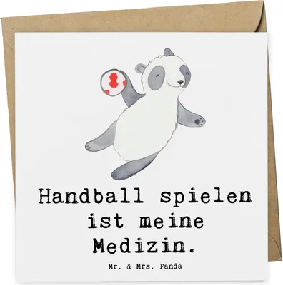 Produktbild von Mr. & Mrs. Panda Klappkarte Panda Handball spielen - Weiß - Geschenk, doppelkarte, anlasskarte, Glückwunschkarte, Club, Grußkarte, faltkarte, Turnier, Verein