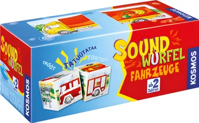 A product box for a children's toy called "Soundwürfel Fahrzeuge" (Sound Cubes Vehicles).