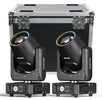 Zdjęcie produktu dla Reflektory ruchome - oświetlenie sceniczne DMX - zestaw 2 sztuk z walizką transportową - 230 W - wtyczka EU - 110–240 V - do użytku na scenie i przez DJ-ów