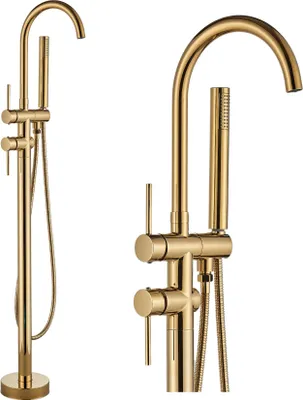 Immagine prodotto di Rubinetto da bagno freestanding ARI, miscelatore vasca a pavimento con doccetta, beccuccio girevole 360 gradi, oro lucido