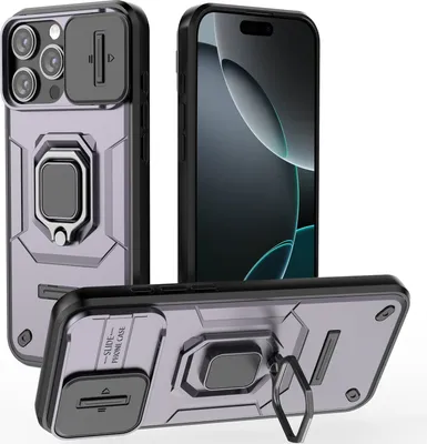 Obrázek produktu pro Pouzdro pro iPhone 16 Pro Max dvouvrstvé pouzdro s posuvnou ochranou kamery a držákem prstenu, stojánek Fialová