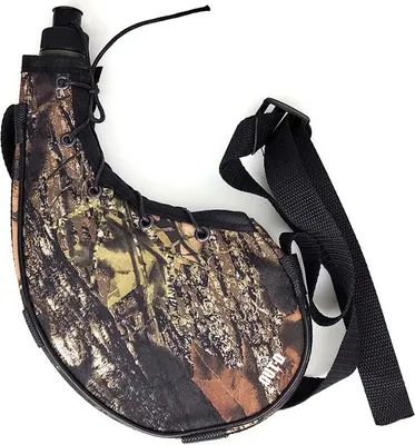 A camouflage water bottle with a shoulder strap on a white background.