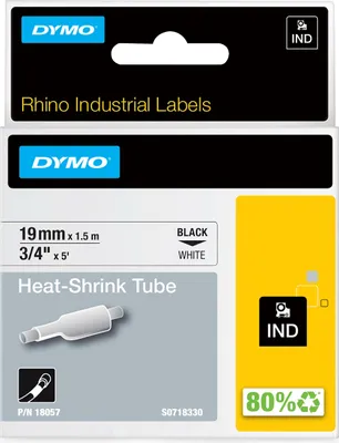 Produktbild von DYMO Rhino Industrie Schrumpfschlauch-Kabeletiketten | 19 mm x 1,5 m | schwarze Schrift auf weißem Untergrund | selbstklebend, D1, Belgien, 1,5 m, 1 Stück(e), 34 mm, 87 mm