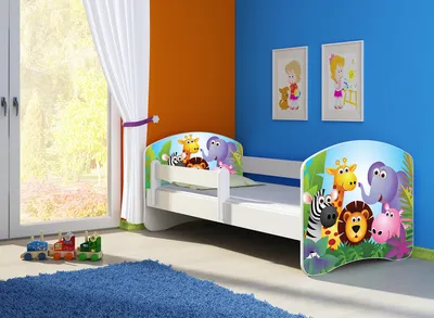 Produktbild von Kinderbett, Babybett 70x140, 80x160, 80x180cm Juniorbett, Kind, Motiv, Schublade CLAMARO, Bett Farbe:01 Happy Zoo, Ausführung:Ohne Bettkasten, Bett Größe:140 x 70 cm