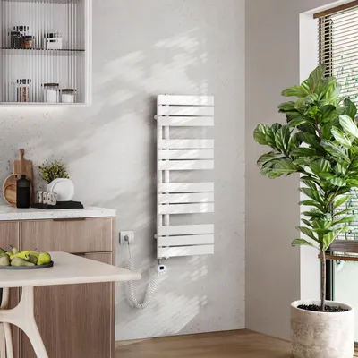 A modern bathroom or kitchen setting with a white towel warmer, a wooden cabinet, a table, and a large potted plant.