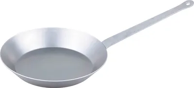 A silver frying pan with a long handle is shown against a white background.