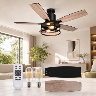 Immagine prodotto di Ventilatore da soffitto con luce e telecomando, Φ112 cm, 2 lampadine E27, motore a corrente continua, 6 velocità di ventilazione, per soggiorno e sala da pranzo