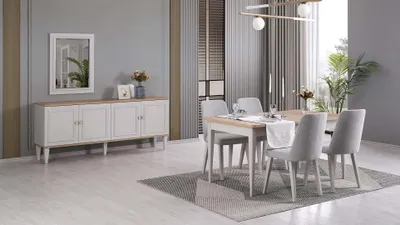 Produktbild von Esszimmermöbel Essgruppe Esszimmer Esstisch Stühle Holz Grau Set 9tlg