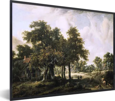 Produktbild von MuchoWow® MuchoWow® Gerahmtes Poster Bewaldete Landschaft mit Bauernhäusern - Gemälde von Meindert Hobbema 40x30 cm - Poster mit zchwarzem Bilderrahmen - Kunstposter - Wanddekorationen