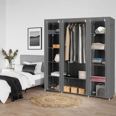Produktbild von OOBEST® Kleiderschrank Stoffschrank mit 2 Stangen Faltschrank Wäscheschrank Garderobe mit Kleiderstange Vlies Gewebe Grau 172x134x43cm