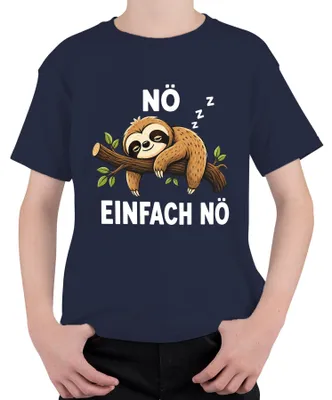 Productafbeelding van Eenvoudig T-shirt met de tekst "Nee", afbeelding van een slapend luiaard, met de woorden "Faulerd", "Statement" en "Sarcasme". Marineblauw, maat 152