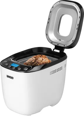 Ein geöffneter Brotbackautomat Unold 68010 Backmeister® Design mit Digitalanzeige gibt den Blick auf