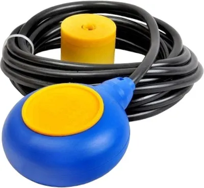 A float switch with a coiled cable on a white background.