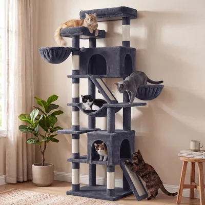 Produktbild von FEANDREA Kratzbaum XXL für Große Katzen mit 7 Ruhezonen und Sisal 55 x 45 x 205 cm Dunkelgrau