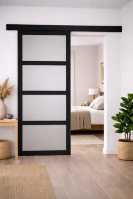 Immagine prodotto di Porta scorrevole Telia nera con vetro H204 x L73 cm, binario in alluminio nero bandeau Gd Menuserie
