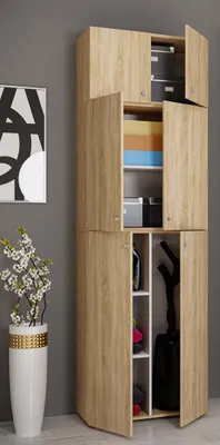 Produktbild von VCM Holz Besenschrank | 6 Fächer | Maße: H. 223 x B. 70 x T. 39 cm | Haushaltsschrank | Mehrzweckschrank | Aufsatz mit zwei Türen - Lona