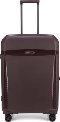 A studio shot of a brown suitcase with a burgundy stripe and logo.