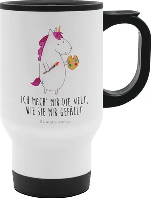 Produktbild von Mr. & Mrs. Panda Kaffeebecher To Go Einhorn Künstler - Weiß - Geschenk, Thermobecher, Pinsel, Farbe, Teebecher, To-Go-Becher, Becher, Zeichnen, Englisch, Welt, Einhörner