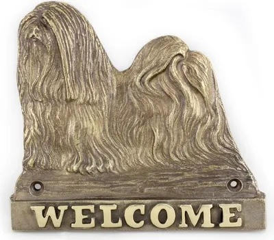 Productafbeelding van Lhasa Apso - bordje op de deur met een hond, een messing welkomstplaatje, een uniek bord met de tekst Welcome van het merk Art-Dog Art-Dog