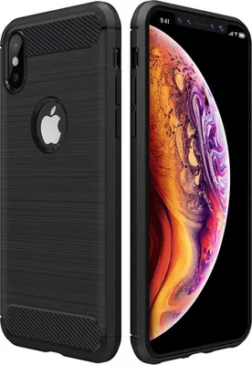 A black iPhone case is shown next to an iPhone displaying a colorful wallpaper.