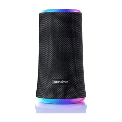 A black Soundcore Flare II Bluetooth speaker with colorful LED lights at the top and bottom, shown against a white background.