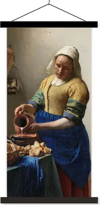 Produktbild von MuchoWow® Textilposter Das Milchmädchen - Gemälde von Johannes Vermeer 90x180 cm mit schwarzem Rahmen - Dekoration Wohnzimmer