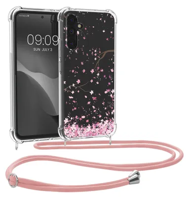 Produktbild von kwmobile Necklace Case kompatibel mit Samsung Galaxy A34 5G Hülle - Silikon Cover mit Handykette - Rosa Dunkelbraun Transparent Kirschblütenblätter