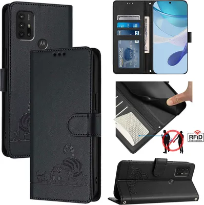 Produktbild von Leder Hülle für Motorola Moto G30/G20/G10/G10 Power Süße Katze Flip Case Brieftasche Schutzhülle mit Standfunktion Schwarz