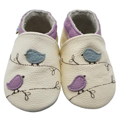Produktbild von YALION® Baby Krabbelschuhe aus Echtleder, weiche Lauflernschuhe für Mädchen & Jungen, rutschfeste Ledersohle, Weiß, Vogelmotiv, Größe L (12–18 Monate)