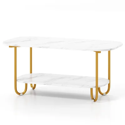 Produktbild von GOPLUS Couchtisch Marmor Optik, Kaffeetisch mit 2 Ebenen, Wohnzimmertisch mit Metallrahmen & offenem Ablagefach, Sofatisch Mitteltisch, Weiß