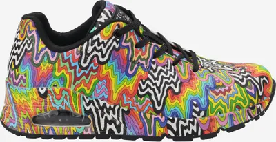 A side view of a colorful sneaker.