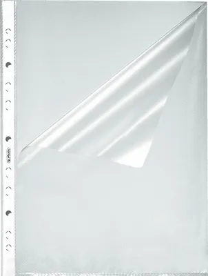 A clear plastic sheet protector with a corner folded back, showing its transparency and texture.