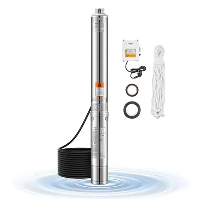 Immagine prodotto di Pompa per pozzi profondi VEVOR, potenza in uscita 550 W, portata 65 L/min, prevalenza 85 m, con cavo 20 m, centralina di controllo esterna, pompa sommergibile, IP68