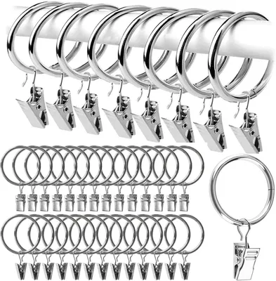 Zdjęcie produktu dla Metalowe pierścienie do zasłon z klipsami, 50 sztuk, średnica 32 mm, do szyn i kółek karniszowych